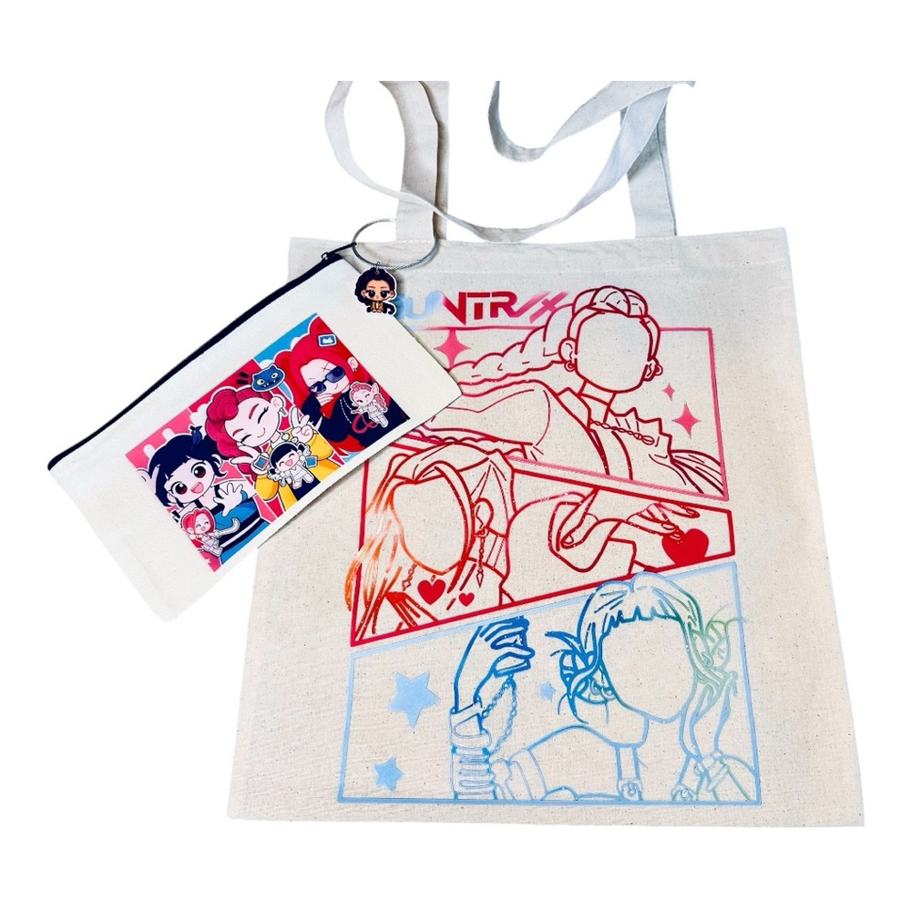 Kpop demon Hunter Colorful Graphic Tote bag and Pouch Set with character charm
